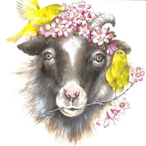 P823# 3 stuks enkele papieren servetten voor decoupage, knutselpapier, binnenlandse zwarte geitenkop met bloemenkrans en gele vogel op wit