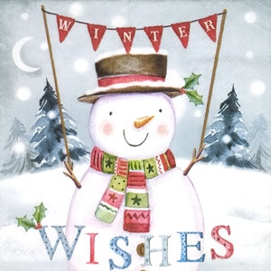 Q340# 3 pezzi di tovaglioli di carta singoli per decoupage, carta velina, pupazzo di neve invernale dipinto con cappello e gagliardetti in un campo innevato notturno