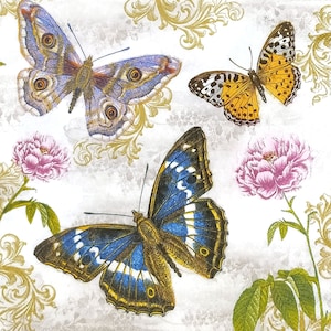 P746 # 3 Stück einzelne Papierservietten für Decoupage, Bastelgewebe, buntes Schmetterlingsmuster mit Blumen