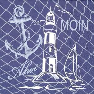 Q951# 3 Stück Servietten einzeln für Decoupage, Basteltücher, Sea Einzelteile Weißer Anker, Schiff, Leuchtturm Collage Auf Blau