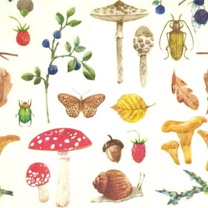 Q051# 3 stuks enkele papieren servetten voor decoupage, knutselpapier, herfstpaddestoelen, Beatle, slakvlinderpatroon op crème achtergrond