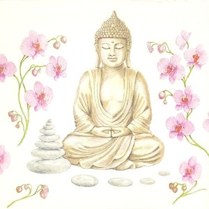 Q178 # 3 Stück einzelne Papierservietten für Decoupage, Bastelgewebe, Indien Buddha Statue mit rosa Orchideenblüten auf weiß
