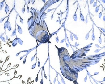 Q435# 3 Pieces Of Single Paper Napkins for Decoupage, Craft Tissue, Blue Twigs And Birds On White Background