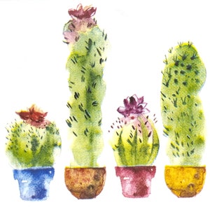 T032# 3 Pieces Of Single Paper Napkins for Decoupage, Craft Tissue, Painted Blooming Cactus Succulents Flower Pots Row On White