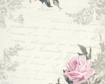 P750# 3 Pieces Of Single Paper Napkins for Decoupage, Craft Tissue, Vintage Pink Roses Flower Corner On Letter Pattern