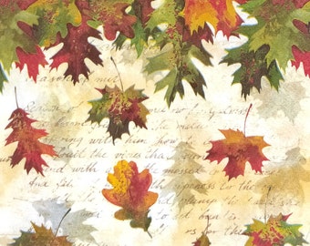 P592# 3 Piece Of Single Paper Napkins for Decoupage, Craft Tissue, Red Brown Autumn Oak Maple Dropping Leaves Pattern On Script Background
