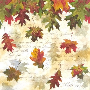 May include: An image of autumnal leaves in red, green, and yellow hues, set against a textured, off-white backdrop with faint script. The design suggests a fall theme, with the leaves scattered across the surface.