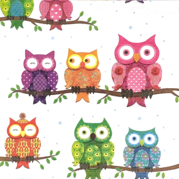 R026# 3 Pieces Of Single Paper Napkins for Decoupage, Craft Tissue, Funny Painted Bird Owl On Branches Pattern On White