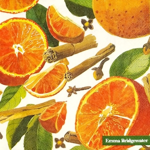 P675# 3 pezzi di tovaglioli di carta singoli per decoupage, tessuto artigianale, motivo di frutta arancione e cannella su bianco