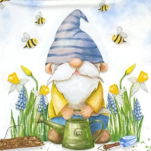 May include: A watercolor painting of a gnome holding a green watering can. The gnome is wearing a blue and white striped hat and a yellow shirt. The gnome is surrounded by yellow daffodils and blue flowers. The painting has a whimsical and charming style.