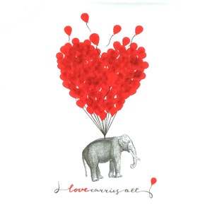 Q133# 3 pezzi di tovaglioli di carta singoli per decoupage, fazzoletti artigianali, elefante selvatico che vola con un grande cuore rosso da palloncini