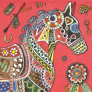 P883 # 3 serviettes en papier pour découpage, papier tissu artisanal, jument stylisée Dario avec symboles de course de chevaux rouge
