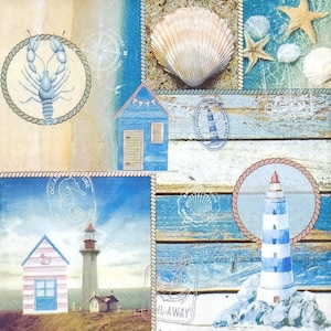 R298# 3 serviettes en papier pour découpage, papier peint artisanal, carreaux bleus, images de mer, phare, bateau, coquillage, maison de plage