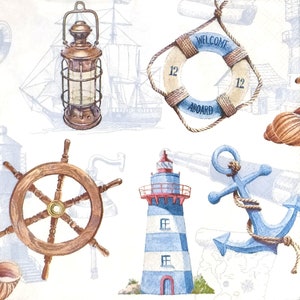 P980# 3 serviettes en papier pour découpage, papiers peints, collage d'objets marins avec roues de bateau, ancres, phare, lampe, bateau