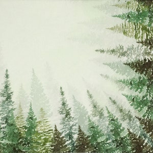 Q733# 3 pezzi di tovaglioli di carta singoli per decoupage, fazzoletti artigianali, foresta di abeti nel bordo della cornice degli alberi grigi verdi
