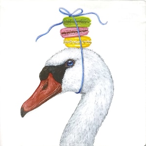 S544# 3 pezzi di PICCOLI tovaglioli di carta singoli per decoupage formato cocktail, tessuto artigianale, testa di cigno bianco con cappello di macarons
