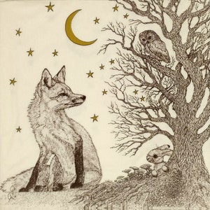 Q483# 3 pezzi di tovaglioli di carta singoli per decoupage, fazzoletti artigianali, volpe marrone dipinta nella foresta notturna con luna, gufo, lepre