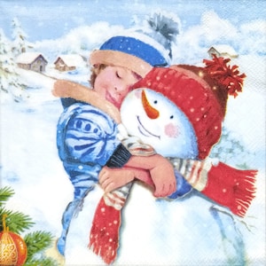Q341# 3 pezzi di tovaglioli di carta singoli per decoupage, fazzoletti di carta, pupazzo di neve invernale con cappello rosso e abbraccio di bambino