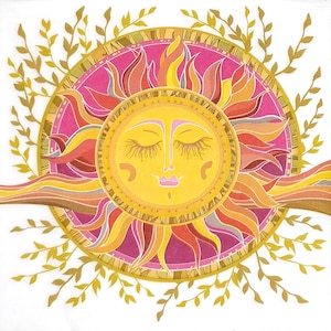 T784 # 3 Stück Papierservietten einzeln für Decoupage, Basteltücher, Bemalte Rosa Gelbe Ornament Sonne mit Strahlen und Zweigen