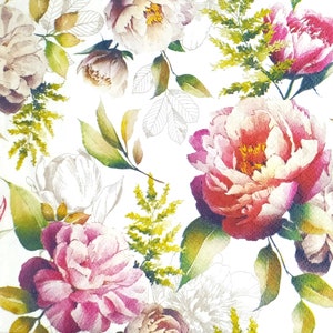 T495# 3 pièces de serviettes en papier pour découpage, papier de soie artisanal, motif fleurs de pivoine rose vintage sur fond blanc