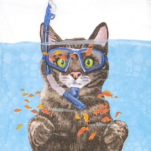 P032 #3 serviettes en papier simples pour découpage, mouchoirs en papier protégés par le droit d'auteur, plongée avec tuba, chat tigré, chaton, pêche au poisson doré