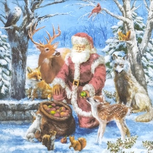 May include: A winter scene depicts Santa Claus surrounded by woodland creatures. Santa, in a red suit with white trim, offers an apple to a fawn. A bag of apples sits nearby. Other animals include a fox, deer, wolf, owl, cardinal, squirrels, and a rabbit.