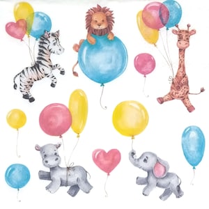 P976 # 3 Stück Papierservietten einzeln für Decoupage, Basteltücher, Exotische Wildtiere Mit Luftballons - Giraffe, Elefant, Zebra, Löwe Nashorn