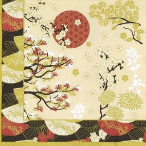 R959 # 3 Stück einzelne Papierservietten für Decoupage, Bastelgewebe, rote und beige Kirschblüten und Sonnenmuster auf japanischem Kimono