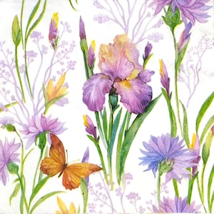 Q032# 3 piezas de servilletas de papel individuales para decoupage, papel de seda para manualidades, patrón de mariposas, flores de aciano e iris morado