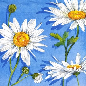 R289# 3 serviettes en papier pour découpage, papier de soie artisanal, fleurs de marguerite camomille jaune blanc, motif floral sur bleu