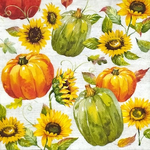 Q525 # 3 serviettes en papier pour découpage, papier peint artisanal, citrouille vert orange automne et motif de fleurs de tournesol