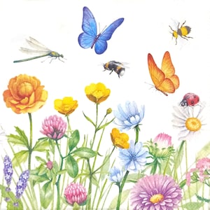 P816# 3 pezzi di tovaglioli di carta singoli per decoupage, fazzoletti artigianali, fiori primaverili colorati prato con farfalle api libellule