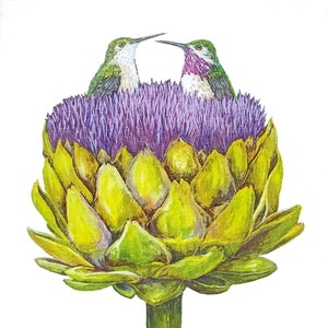 R316 # 3 Stück einzelne Papierservietten für Decoupage, Basteltücher, zwei grüne Vogelpaare in großer lila Artischocken-Blume