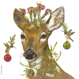 P710# 3 peças de guardanapos de papel individuais para decoupage, tecido artesanal, retrato de corça marrom de Natal com tampa de flor e pássaros com enfeites