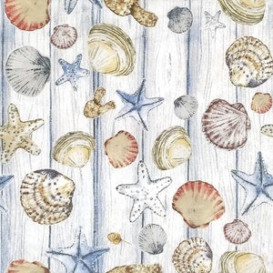 Z061# 3 pezzi di PICCOLI tovaglioli di carta singoli per decoupage, tessuto artigianale formato cocktail, motivo a conchiglia e stella marina su legno grigio