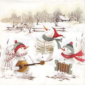R908# 3 pezzi di tovaglioli di carta singoli per decoupage, fazzoletti artigianali, tre pupazzi di neve invernali con cappelli che suonano musica e cantano