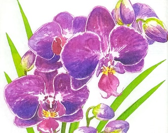 S984# 3 Pieces Of SMALL Single Paper Napkins for Decoupage Cocktail Size, Craft Tissue,  Purple Phaleonopsis Orchid Flower Branch On White