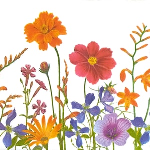 T715 # 3 serviettes en papier pour découpage, papier de soie artisanal, motif prairie de fleurs violettes orange sur fond blanc