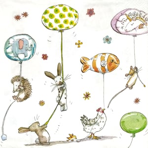 Q057 # 3 Stück einzelne Papierservietten für Decoupage, Taschentuch, lustige wilde Tiere mit Luftballons - Hase, Huhn, Maus, Igel