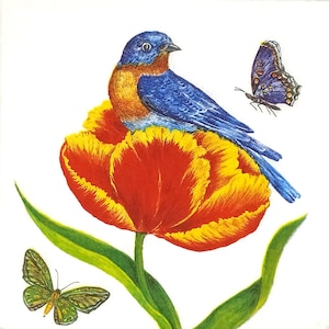 S417# 3 pezzi di PICCOLI tovaglioli di carta singoli per decoupage, formato cocktail, tessuto artigianale, uccello blu dipinto su nido di tulipani rossi e gialli