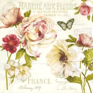 T143 # 3 Stück einzelne Papierservietten für Decoupage, Basteltücher, Vintage Anemonen-Rosen-Blumenstrauß auf Schrift-Hintergrund-Collage