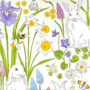 T451# 3 pezzi di tovaglioli di carta singoli per decoupage, fazzoletti artigianali, coniglietti bianchi, lepre e anatroccoli gialli in un prato fiorito