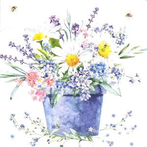 R941 # 3 serviettes en papier pour découpage, papier peint artisanal, fleurs de lavande de printemps myosotis marguerite dans un pot bleu avec abeilles