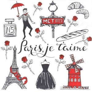 R093# 3 stuks enkele papieren servetten voor decoupage, ambachtelijke tissues Red Ros Love In Paris Eiffeltoren Frankrijk Symbool Clown Collage