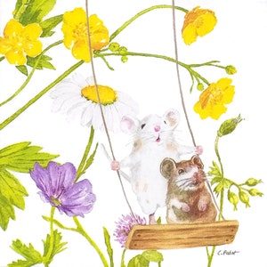 R182# 3 stuks enkele papieren servetten voor decoupage, knutselpapier, grappig wild dier - witbruine muis op schommel met lentebloem