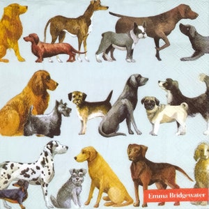 N969# 3 pezzi di tovaglioli di carta singoli per decoupage, fazzoletti artigianali, Emma Bridgewater, motivo con molte specie di cani su sfondo blu