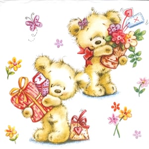 P295# 3 stuks enkele papieren servetten voor decoupage, knutselpapier, twee teddybeer met bloemen en cadeaus