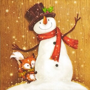 R476# 3 pezzi di tovaglioli di carta singoli per decoupage, fazzoletti artigianali, pupazzo di neve di Natale invernale con cappello nero e simpatica piccola volpe