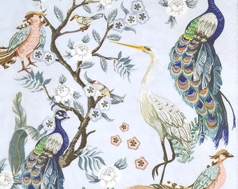 P649# 3 Pieces Of Single Paper Napkins for Decoupage, Craft Tissue, Royal Peacock Pair of Birds And Branches With Flowers On Blue