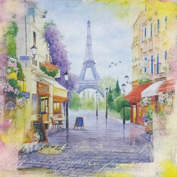 R043 # 3 serviettes en papier pour découpage, papier peint artisanal, vue tour Eiffel depuis la rue de Paris avec maisons, café et magasins